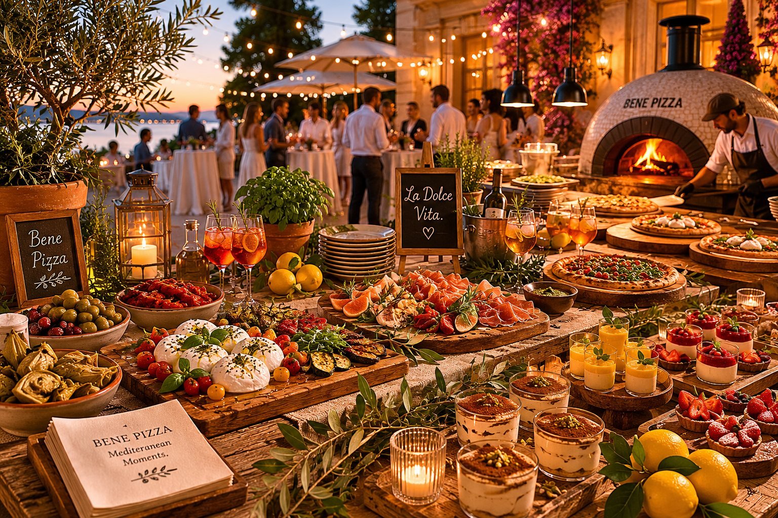 Stimmungsvolles Gartenfest mit Bene Pizza unter Lichterketten