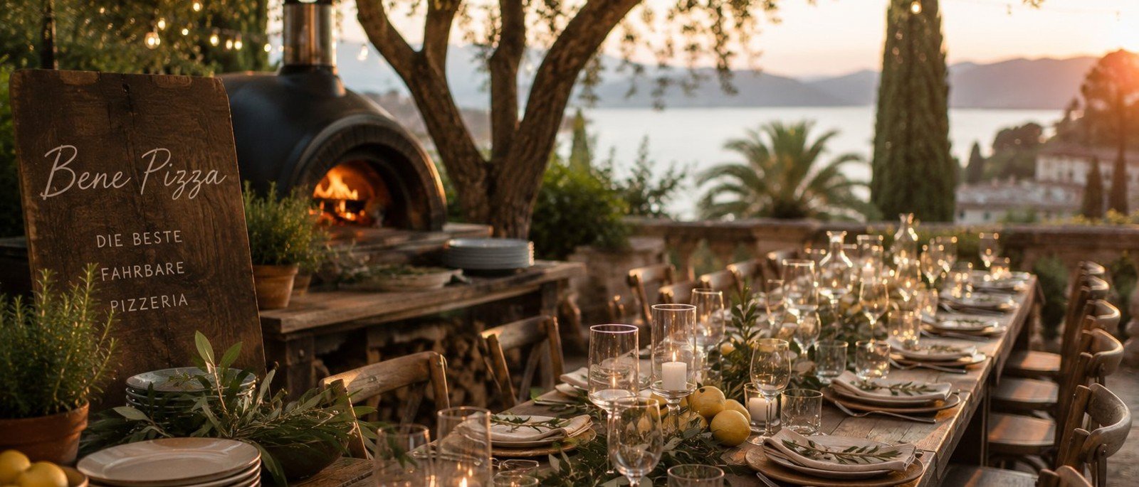 Elegante Hochzeitstafel bei Sonnenuntergang mit mediterranem Buffet